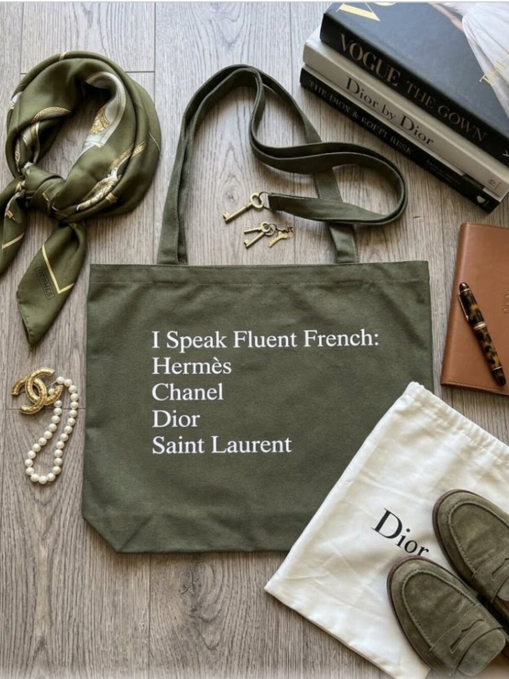 "I Speak Fluent French" Olive Green Canvas Tote Bag NEW